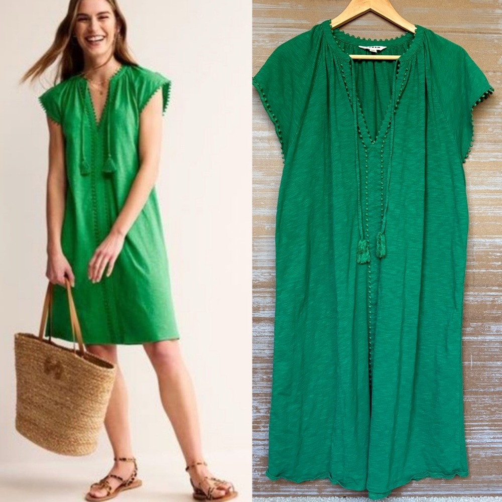 Boden Green Tassel-Front V-Neck Cap-Sleeve Dress